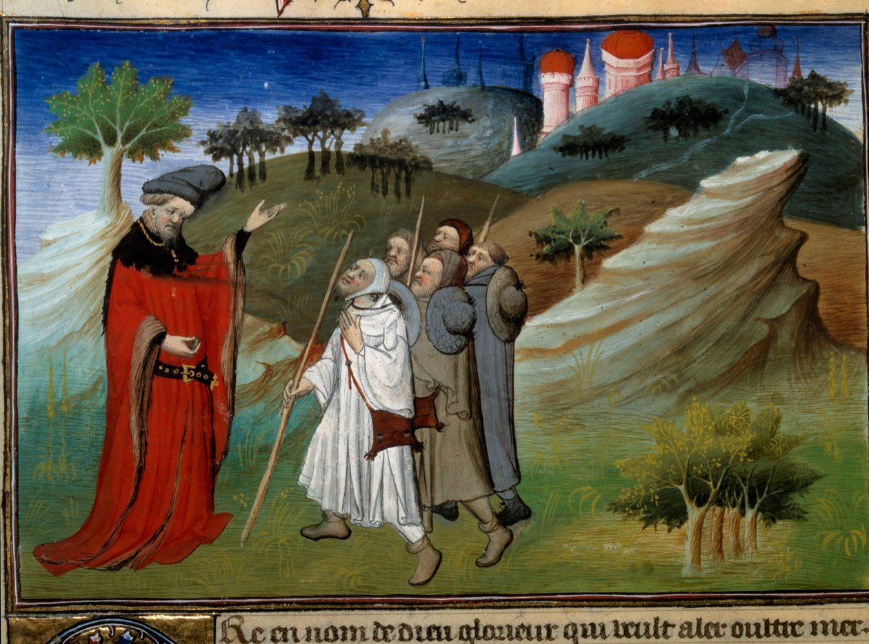 Des pelerins sur la route de la terre sainte Miniature i "" Voyages"" skrevet af John (Jehan de Mandeville) (1300? - 1372), oplyst af Mesteren af Egerton, omkring 1410-1412, fra manuskriptsamlingen (Ms 2810) , Folio 142v.) "" Vidundernes bog og af Master of Egerton