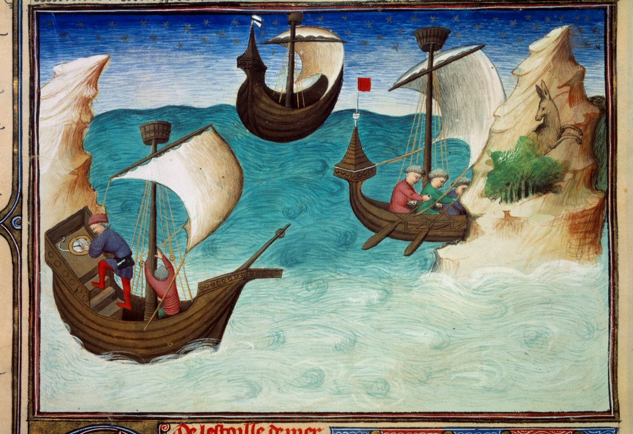 Navigatører i Det Indiske Ocean orienteret med stjerner og astrolabium. Miniature i "" The Book of the Wonders of the World"", Ms. 2810, folio 188v belyst af Mesteren af Egerton, skrevet John (Jehan) de Mandeville (1300? 1382). Omkring 1410-1412. BN, Paris af Master of Egerton