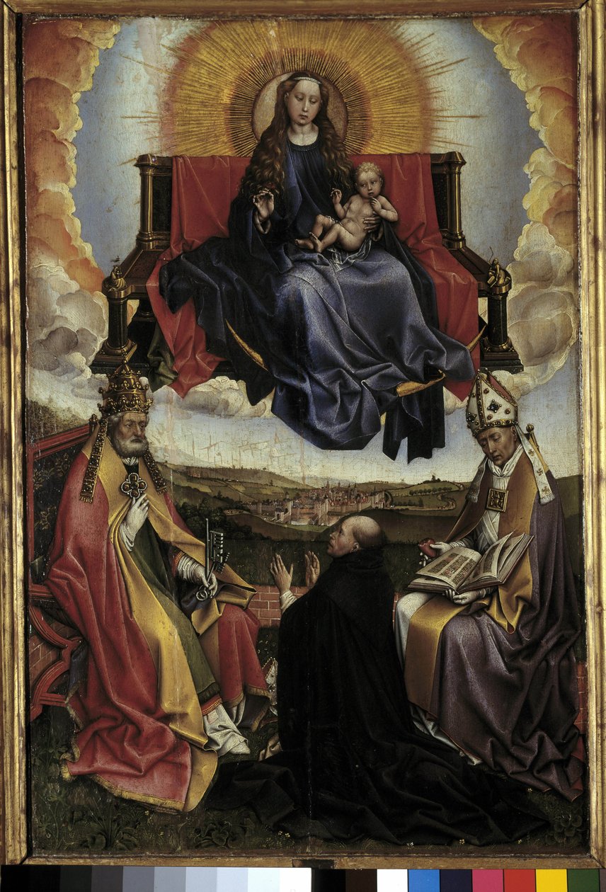 Virgin in Glory mellem Sankt Peter og Sankt Augustin. Maleri af Robert Campin kaldet Mesteren af Flemalle (1378-1444) Musee Granet, Aix en provence af Master of Flémalle
