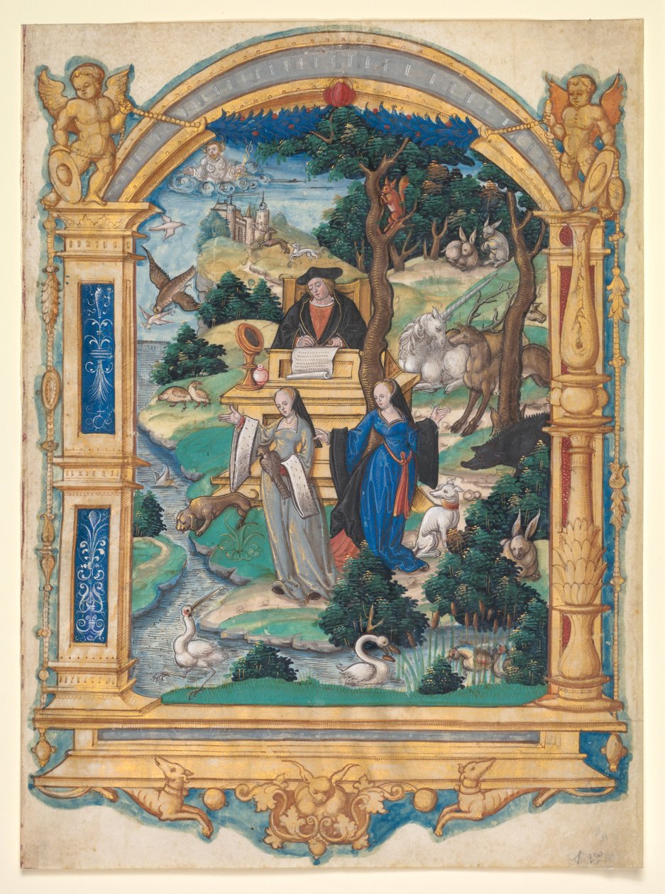 Frontispice miniature fra manuskriptet til et digt af Guillaume Crétin: Debat mellem to kvinder af Master of Francis I