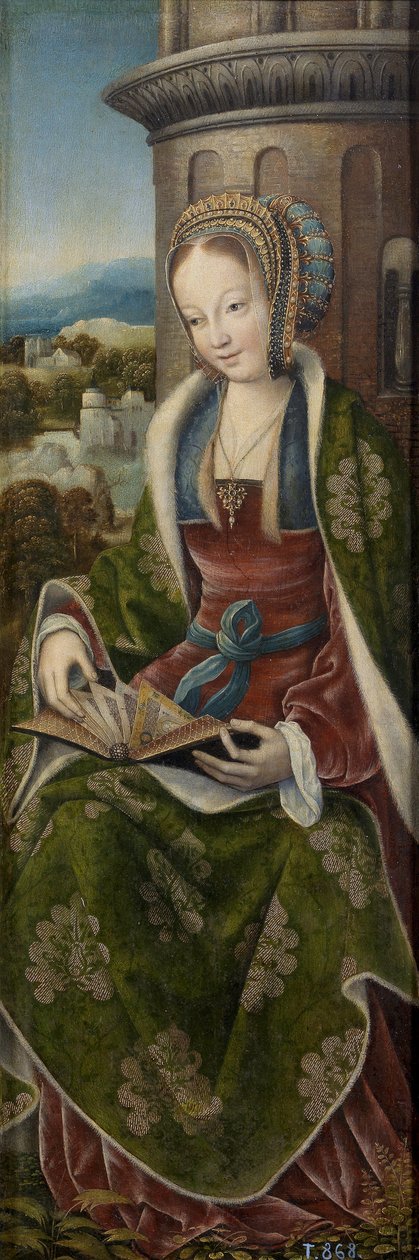Barbe la grande martyre - Triptykon af den hellige familie med musikskabende engle. Højre panel: Saint Barbara par Master of Frankfurt (1460-ca. 1533), ca 1510-1520 - Olie på træ, 79x27 - Museo del Prado, Madrid af Master of Frankfurt