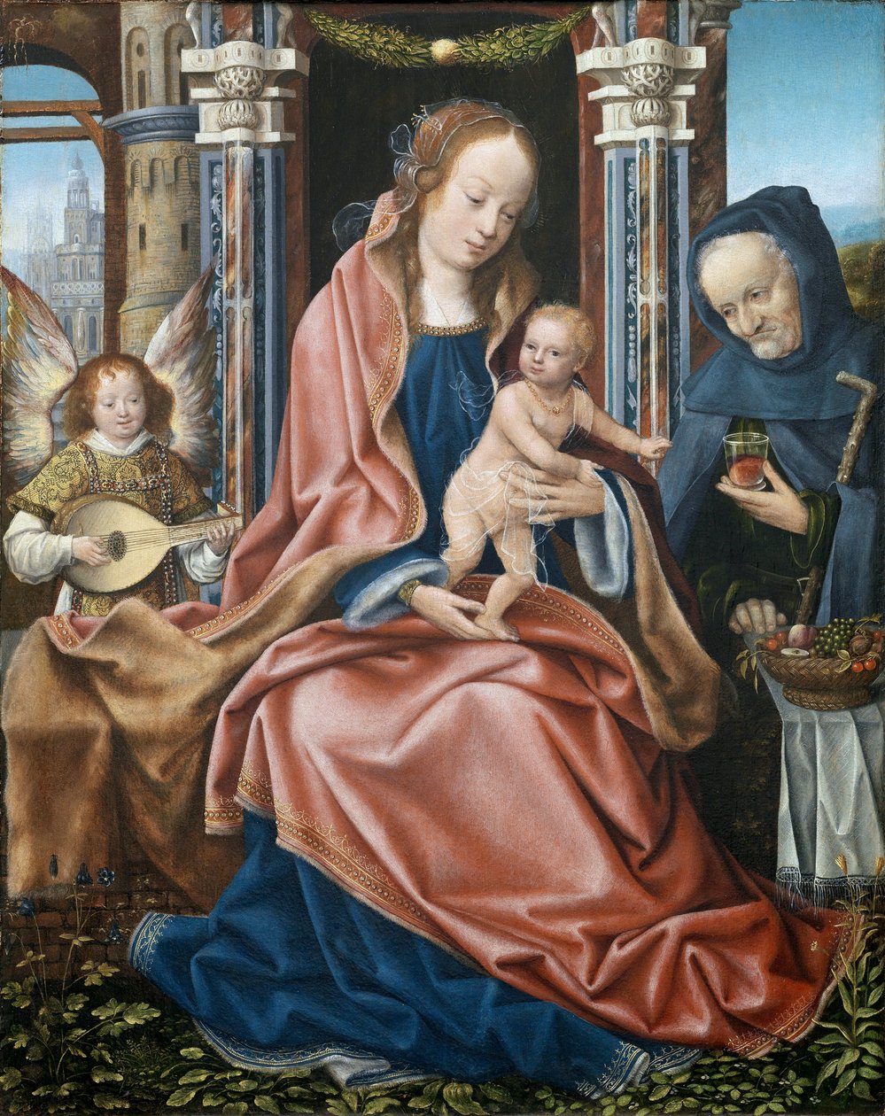 La sainte famille - Triptykon fra den hellige familie med musikskabende engle - Panneau central, peinture du maitre de Frankfurt (vers 1460-1533), ca 1510-1520 - Olie på træ, 78x60 - Museo del Prado, Madrid af Master of Frankfurt
