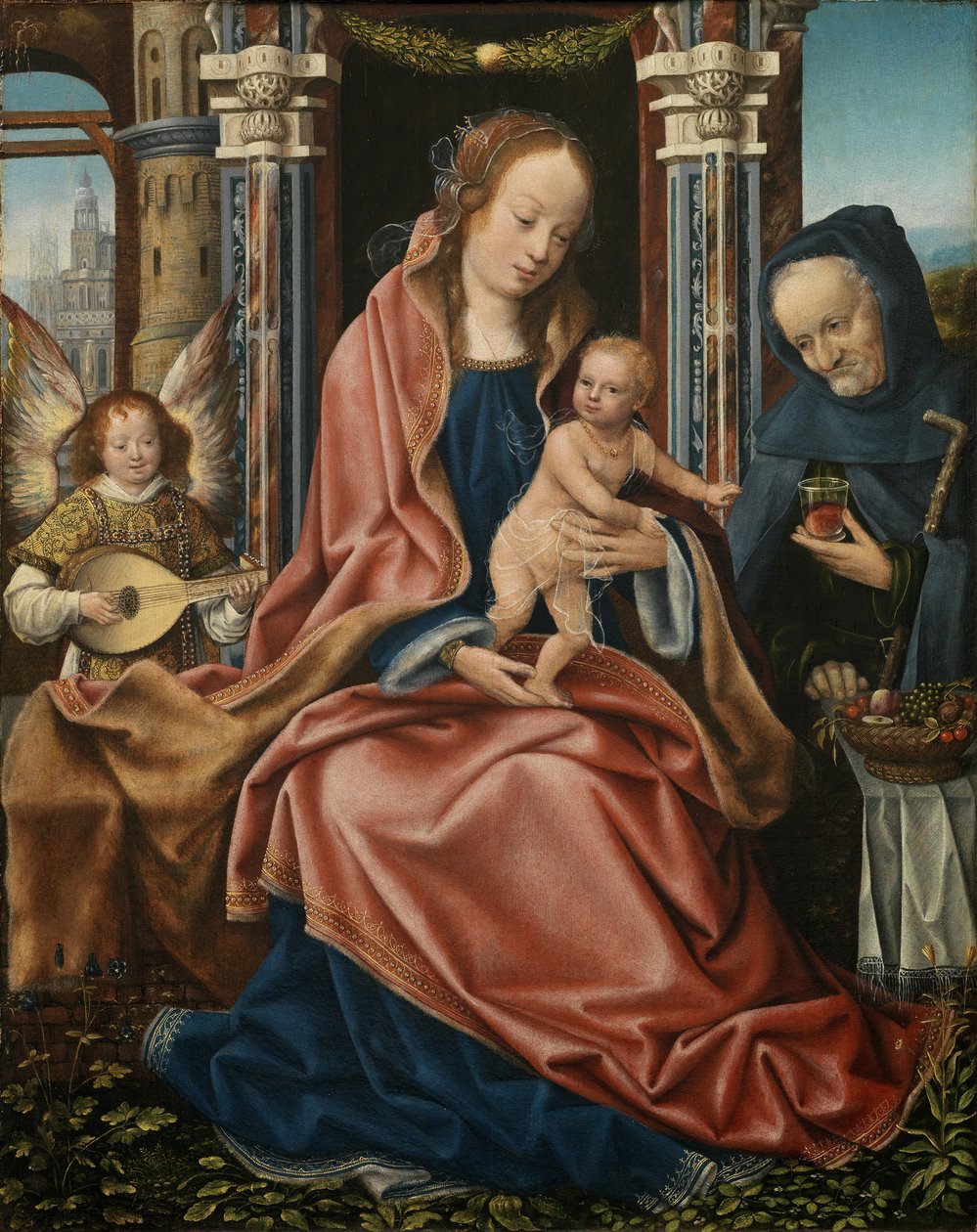 Triptykon af den hellige familie med musik, der gør engle. Centralpanel, ca 1510-1520 af Master of Frankfurt