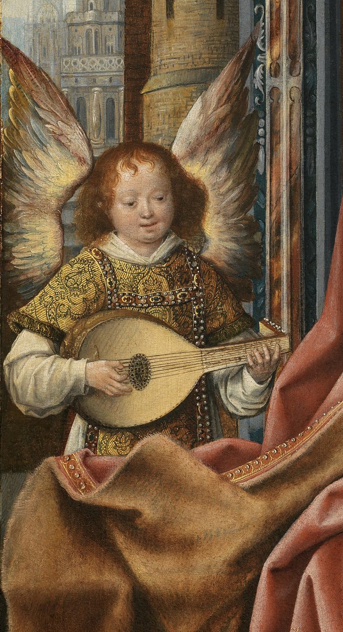 Triptykon af den hellige familie med musik, der gør engle. Detalje: Englen, ca 1510-1520 af Master of Frankfurt