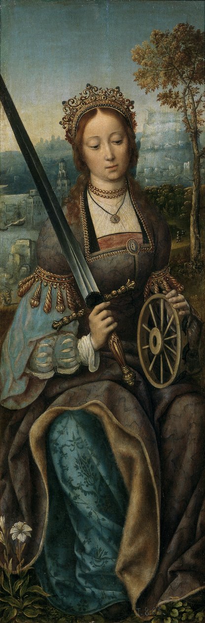 Triptykon af den hellige familie med musik, der gør engle. Venstre panel: Saint Catherine, ca 1510-1520 af Master of Frankfurt