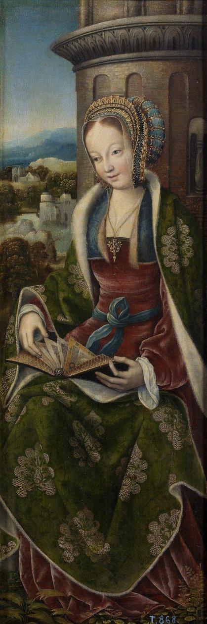 Triptykon af den hellige familie med musik, der gør engle. Højre panel: Sankt Barbara, ca 1510-1520 af Master of Frankfurt