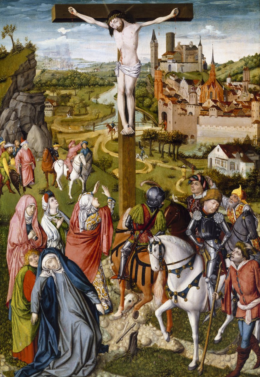 The Crucifixion, ca. 1465-70 (tempera og olie på træ) af Master of Georg Muehlichs Meisterlin Chronicle attr. to Master of Georg Muehlichs Meisterlin Chronicle attr. to