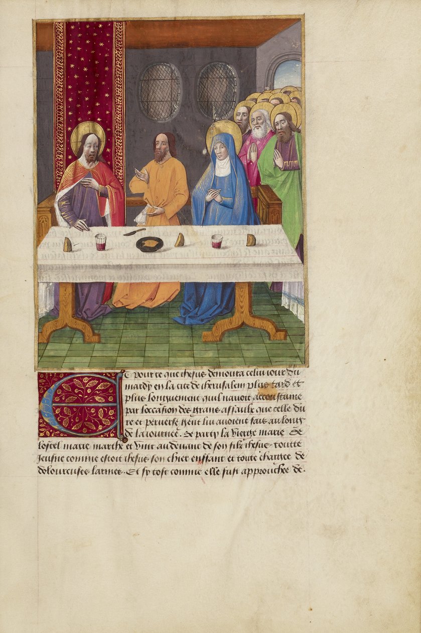 Judas sidder ved et bord mellem Kristus og Jomfru Maria af Master of Guillaume Lambert