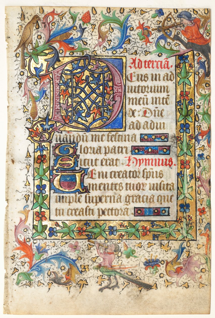 Blad fra en timebog: Dekoreret indledende D[eus] med foliated kant (Åbning af Terce: Hours of the Holy Spirit) af Master of Guillebert de Mets