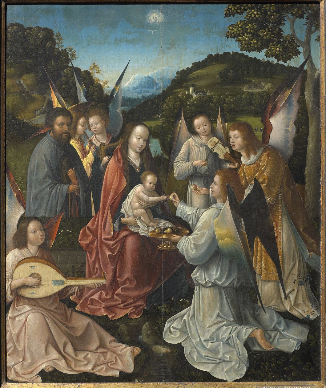 Hellig familie med engle og hellige Catherine og Barbara Triptykon, centralt panel, 1500-tallet. af Master of Hoogstraeten