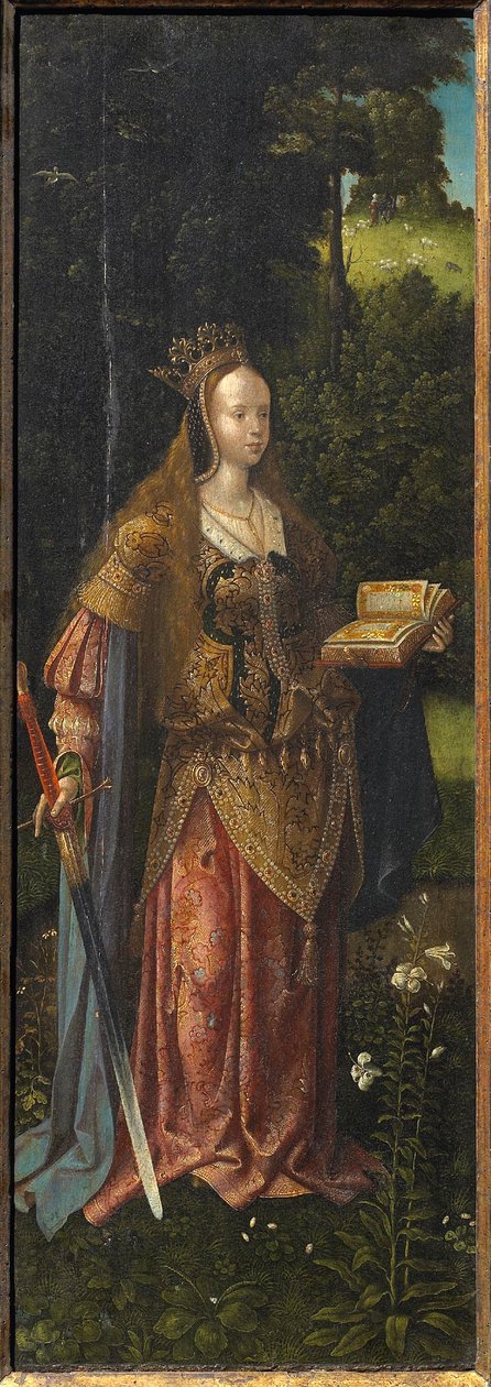 Sankt Catherine. Hellig familie med engle og hellige Catherine og Barbara Triptykon, 1500-tallet. af Master of Hoogstraeten