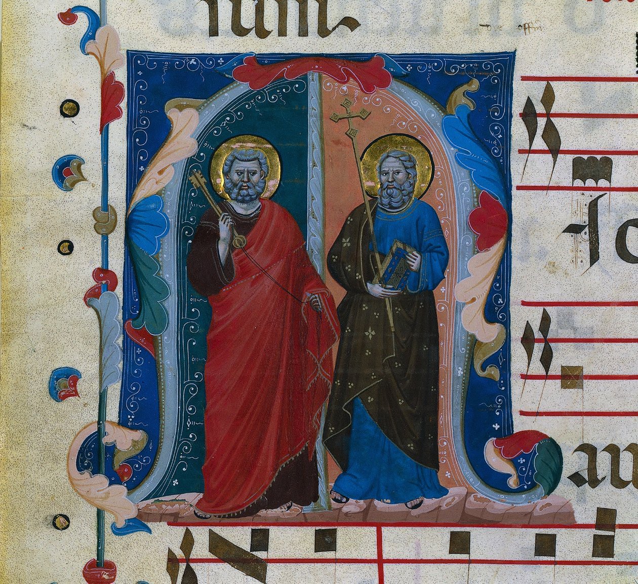 Blad fra en gradual med historisk initial (M): SS. Peter og Andreas af Master of Isaac and Esau