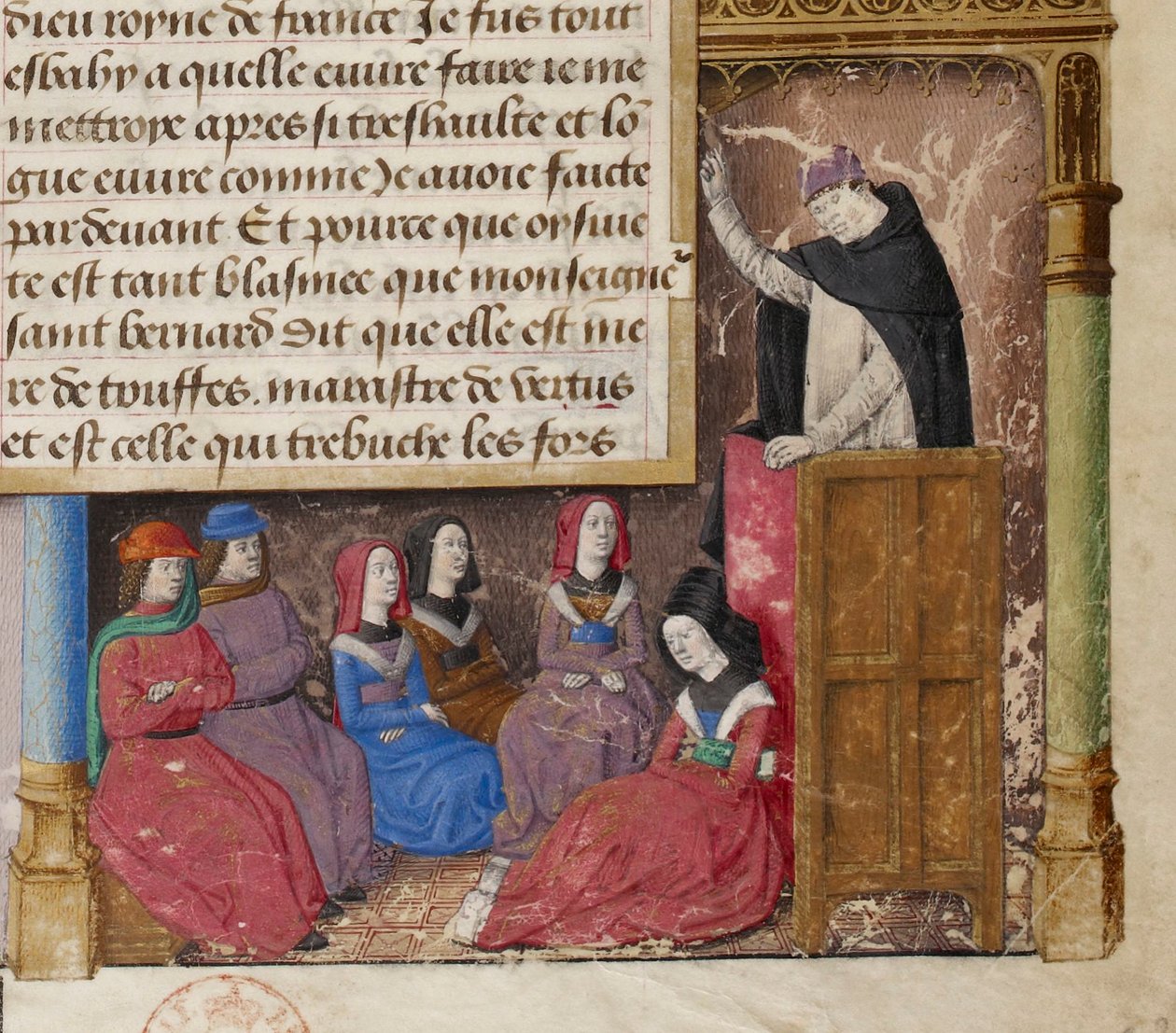 Jacques de Voragine prædiker, detalje af en miniature fra forsiden af et manuskript af Den Gyldne Legende. af Master of Jacques de Besançon