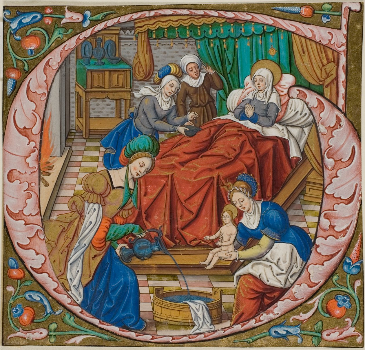 Jomfruens fødsel i et historisk indledende "G" fra en antifonal af Master of Jacques de Besançon
