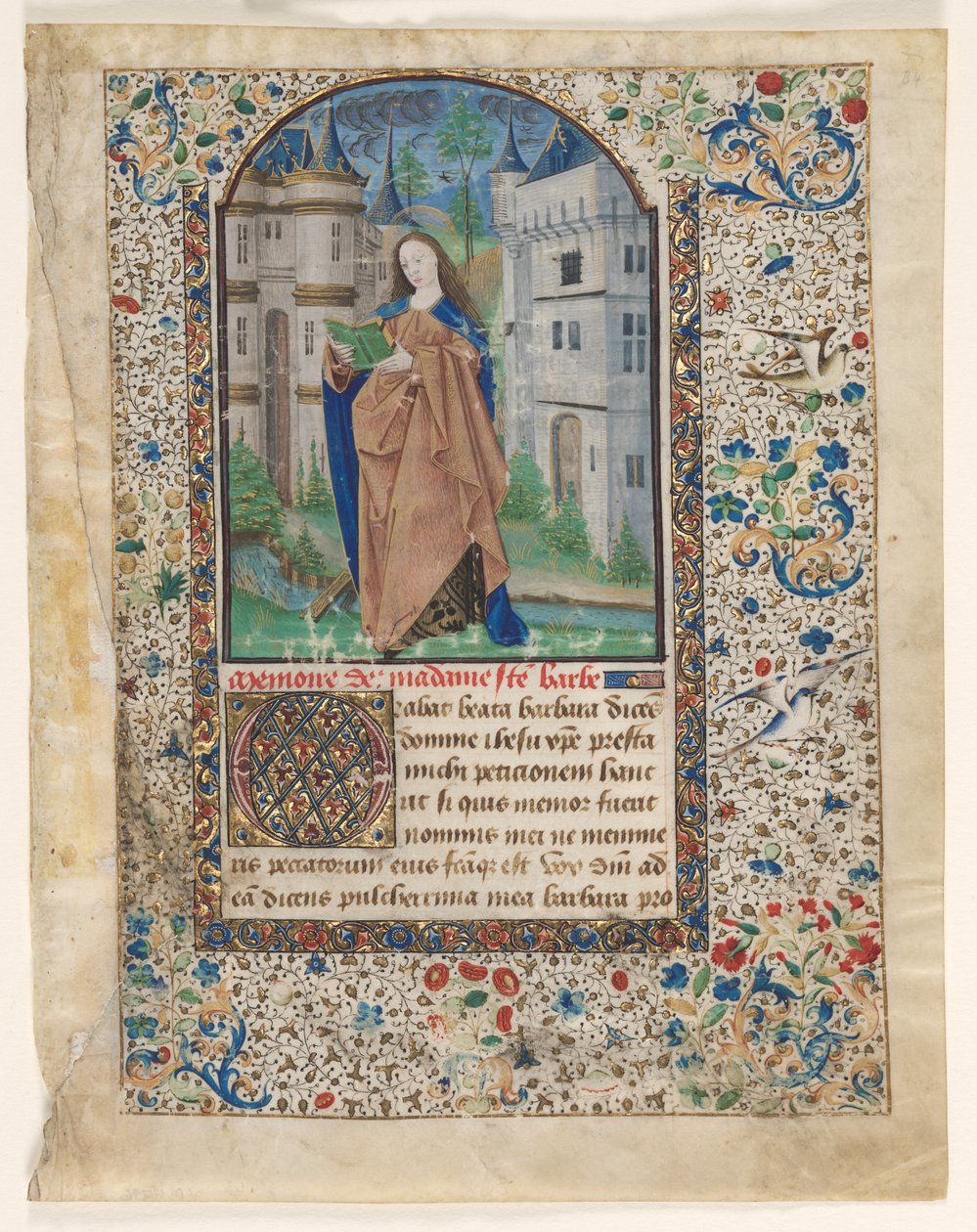 Blad fra en timebog: St. Barbara (2 af 2 udskårne blade) af Master of Jacques de Luxembourg