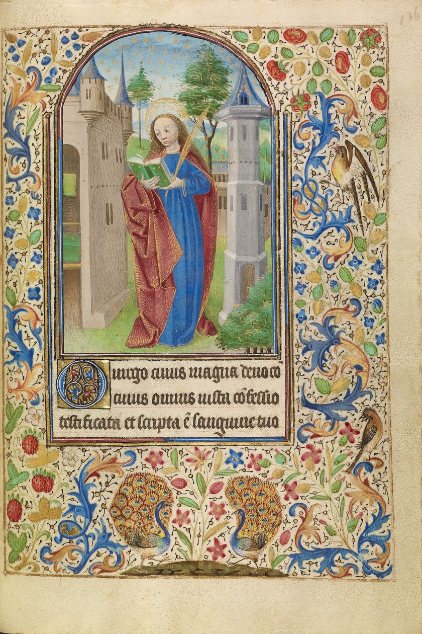 Sankt Barbara med en bog og en martyrpalme foran et tårn af Master of Jacques of Luxembourg