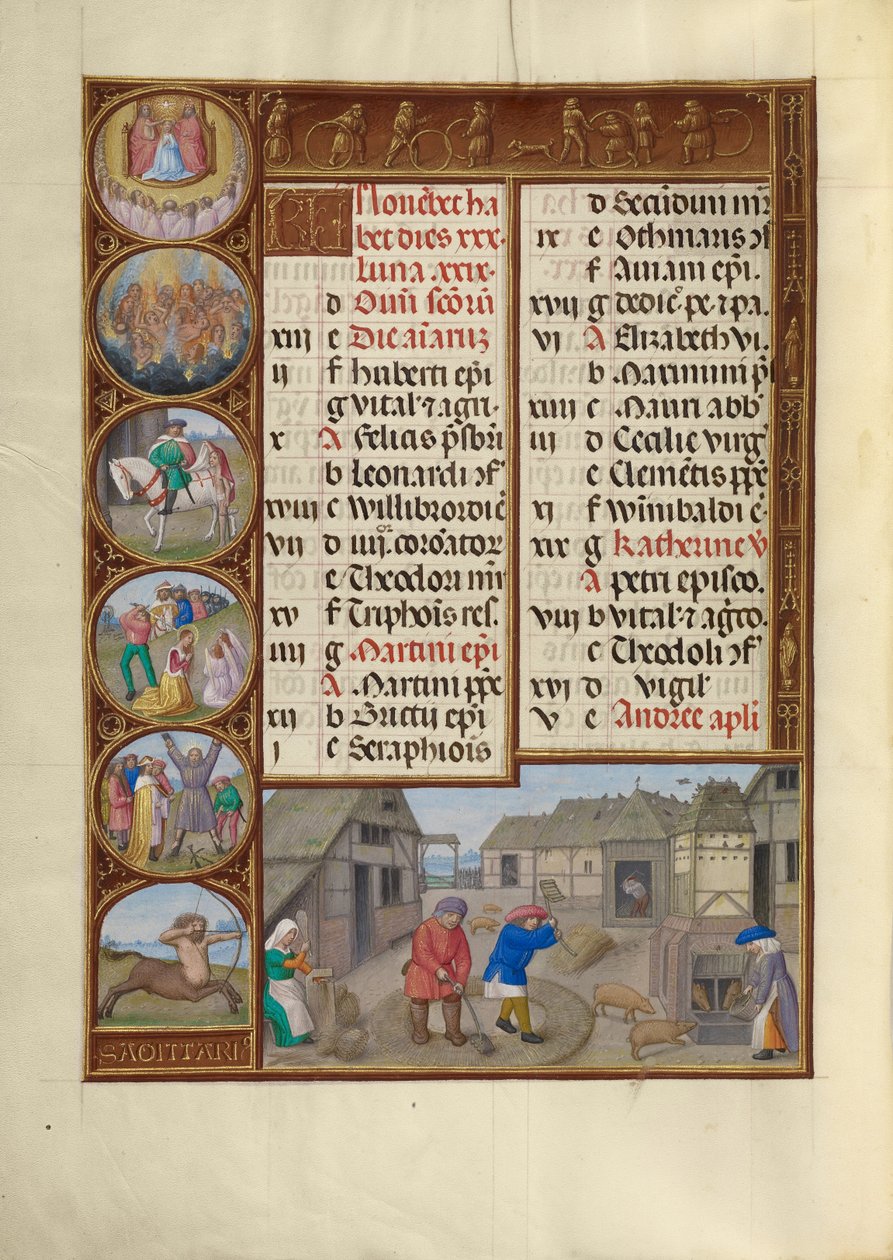 November-kalenderside; Tærskning og grisefodring; Skytten af Master of James IV of Scotland