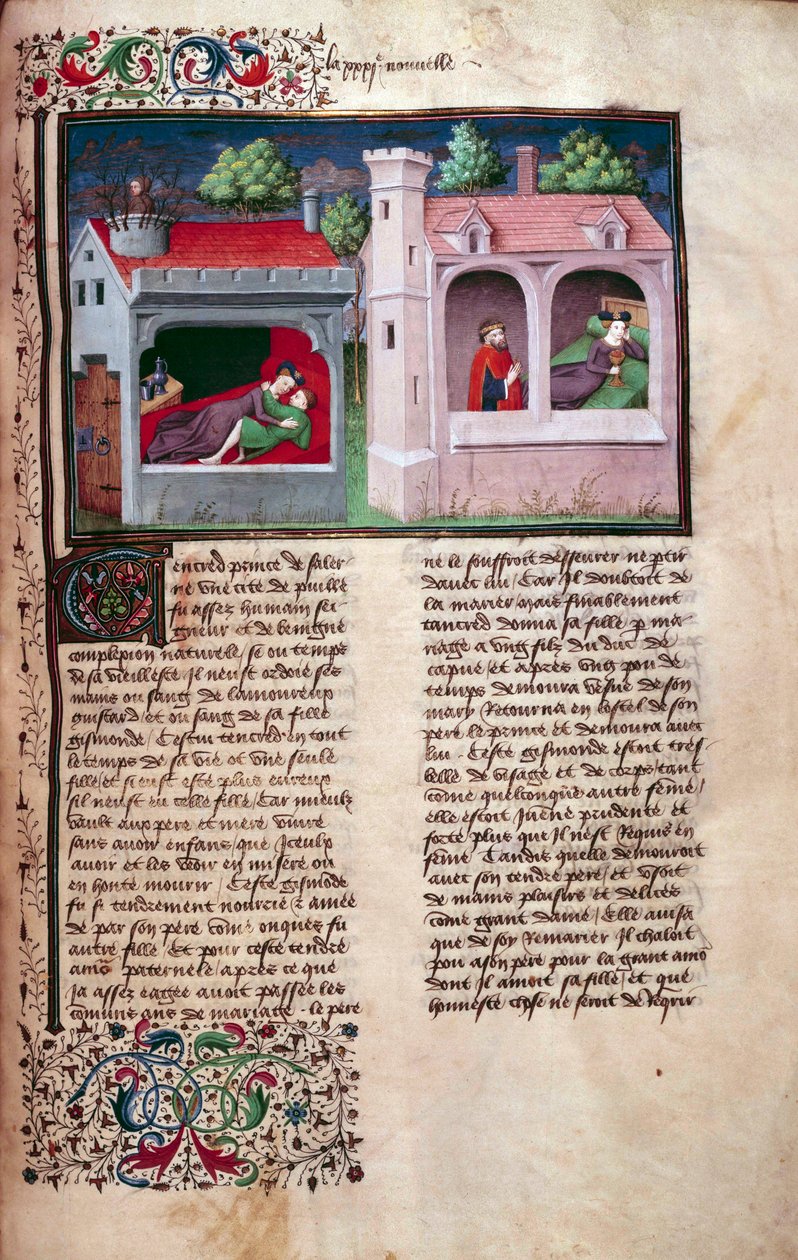 Galant scene: to par taler. Side af et manuskript på fransk af "Decameron"" af Giovanni Boccaccio dit Jean Boccace (1313-1375), italiensk forfatter, oplyst af Mesteren af Mansel. 1450. Paris, Arsenals bibliotek af Master of Jean Mansel