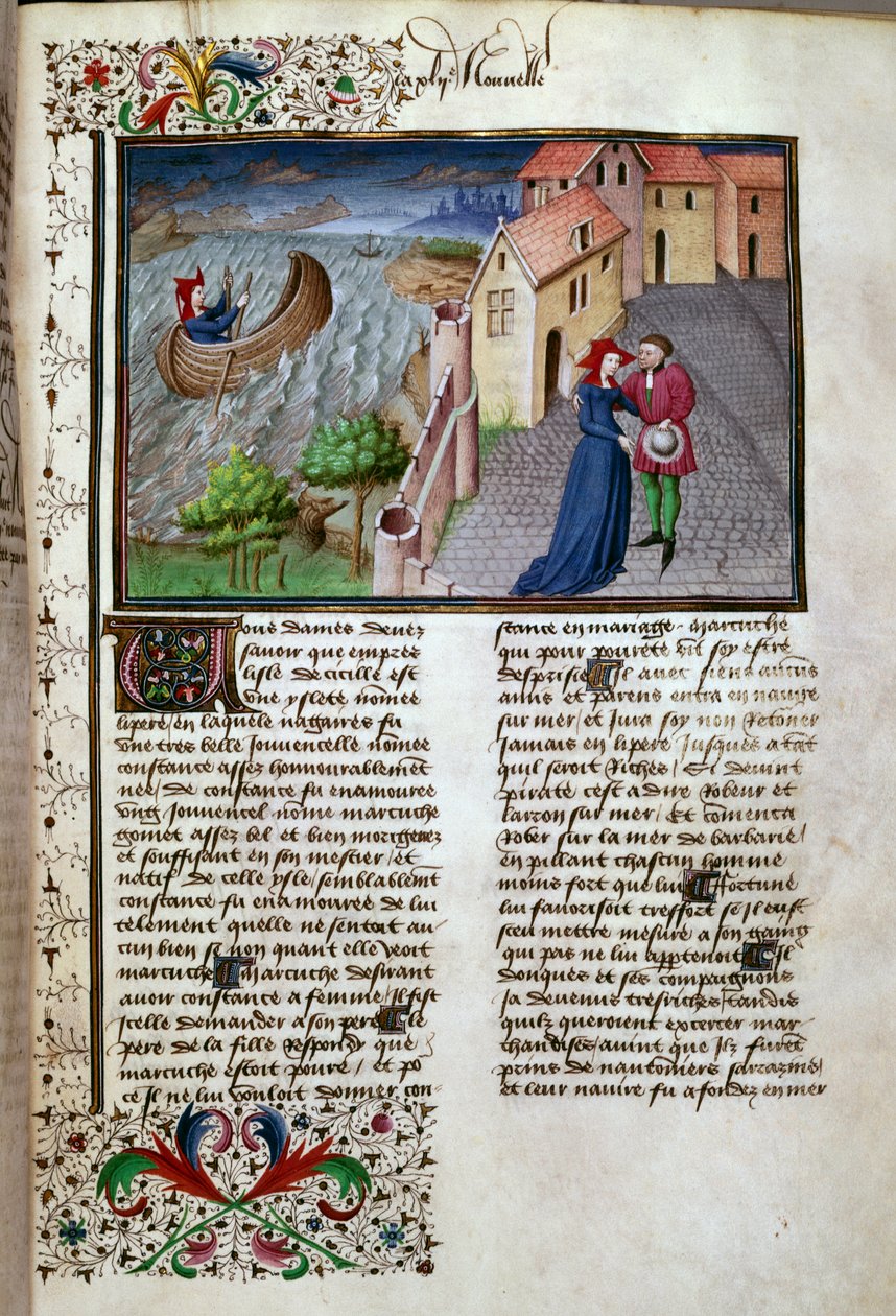 Afgangssiden taget fra et manuskript på fransk fra "Decameron"" af Giovanni Boccaccio dit Jean Boccaccio (1313-1375), italiensk forfatter, belyst af Mesteren af Mansel. 1450. Paris, Arsenals bibliotek af Master of Jean Mansel
