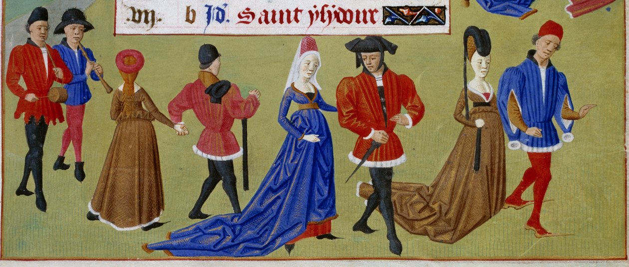 maj: hofmændene går. Detalje af en oplyst manuskriptside hentet fra "" Book of Hours of the Duchess of Burgundy, Adelaide of Savoy" af Mesteren af Adelaide af Savoyen (1400-tallet) og Mesteren af Jean Rolin (1400-tallet) af Master of Jean Rolin II