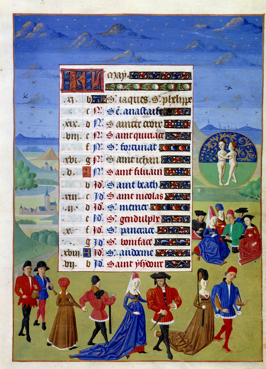 maj: hofmændene går. Belyst manuskriptside hentet fra "" Book of Hours of the Duchess of Burgundy, Adelaide of Savoy" af Mesteren af Adelaide af Savoyen (1400-tallet) og Mesteren af Jean Rolin (1400-tallet) af Master of Jean Rolin II