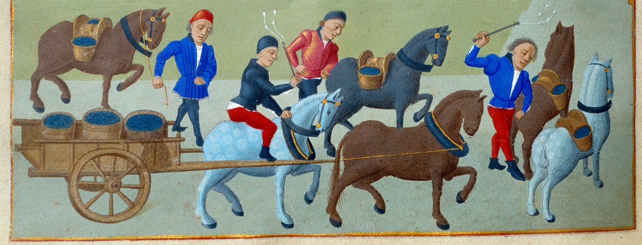 Druehøsten og transporten Detalje af en oplyst manuskriptside taget fra "" Book of Hours of the Duchess of Burgundy, Adelaide of Savoy" af Mesteren af Adelaide af Savoyen (1400-tallet) og Mesteren af Jean Rolin (1400-tallet) af Master of Jean Rolin II