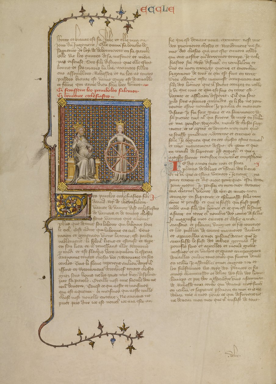 Salomon med en kronet kvindefigur, der holder et hjul, der illustrerer årstidernes skiften af Master of Jean de Mandeville