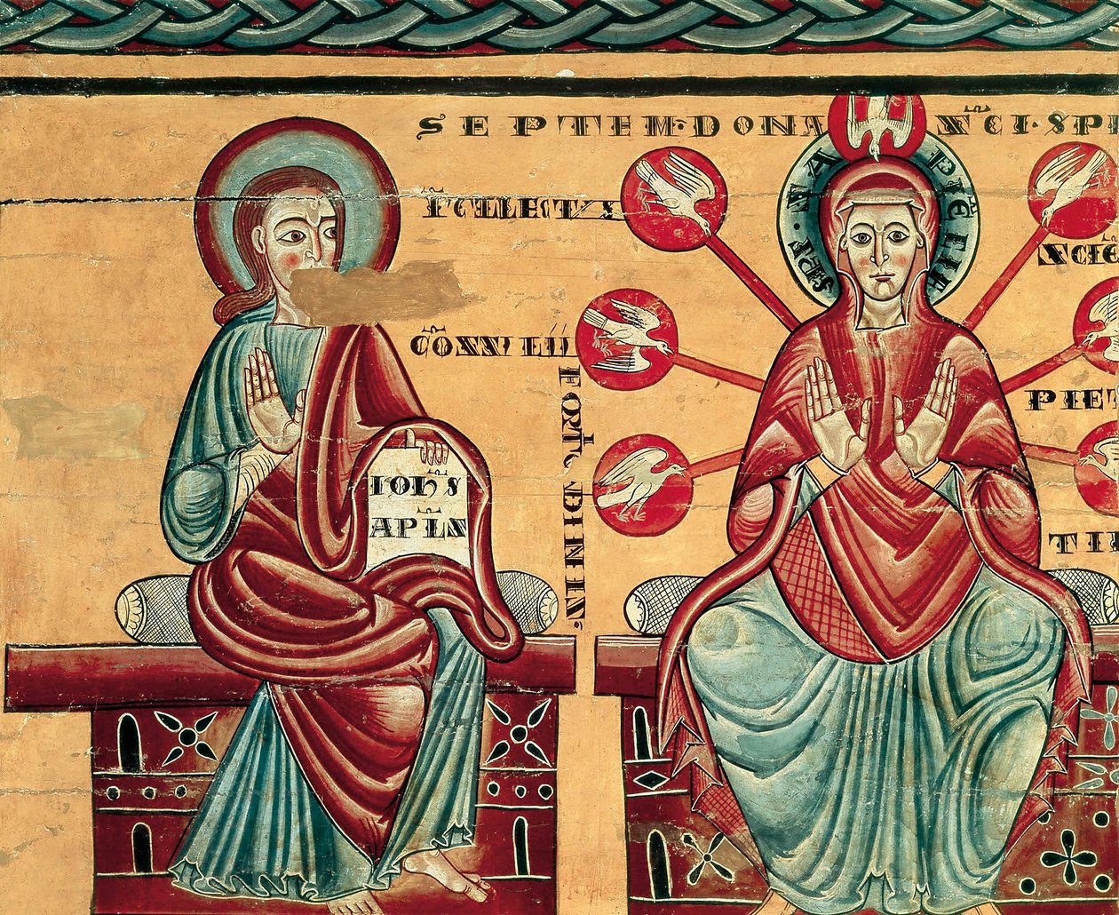 Maria modtager Helligåndens gaver, detalje (tempera på træ) af Master of Lluca