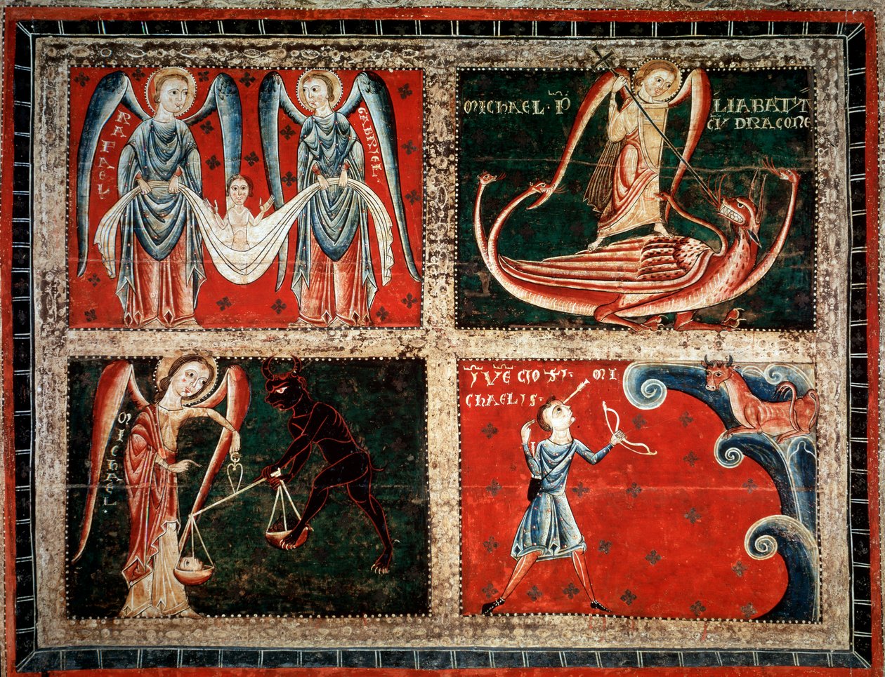 Ærkeenglene Raphael, Michel og Gabriel (Ærkeenglene Michael, Gabriel og Raphael) Maleri af mesteren af Llussa (maleri af mesteren af Llussa) 1220-1250 Fra klostret Santa Maria de Lluca, Spanien Barcelona Museu Nacional d