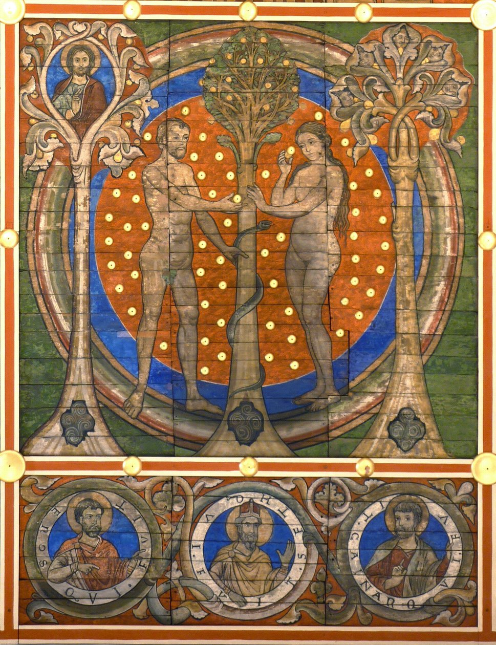 dam og Eva. Detalje af det malede træloft i St. Michaels Kirke, Hildesheim, ca 1230 af Master of Lower Saxony