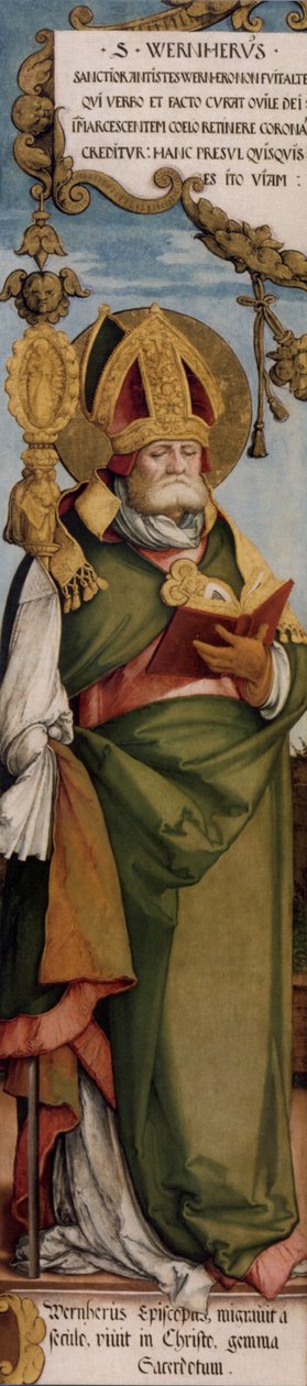 Uden for venstre roterende fløj af det tidligere højalter i St. Martins Kirke, St. Werner, biskop af Merseburg; Maastricht, Bonnefanten Museum, inventarnr. N.K. 1633 af Master of Messkirch