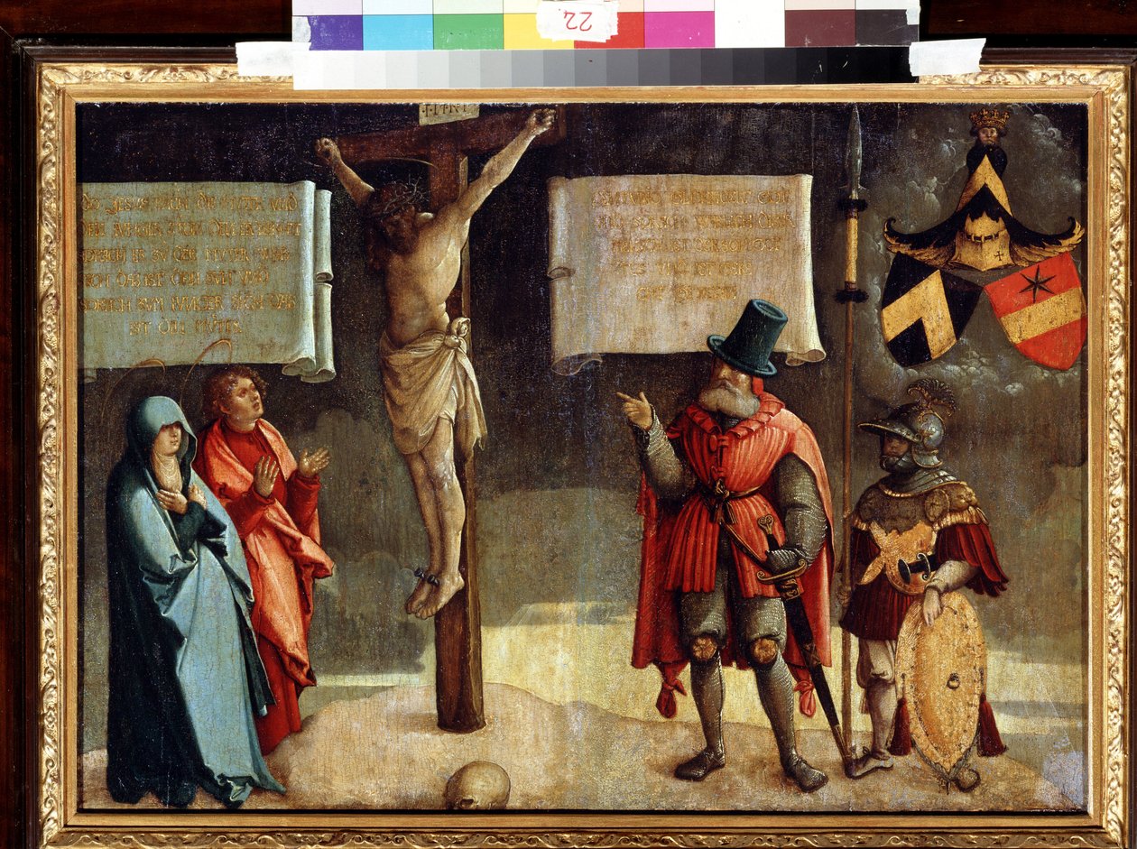 Korsfæstelse med donorer. Korsfæstelse med donorer. Maleri af mesteren af ​​Messkirch (ca. 1500-1543). Olie på træ. Tysk renæssancekunst. Museum of Fine Arts, Pushkin, Moskva af Master of Messkirch