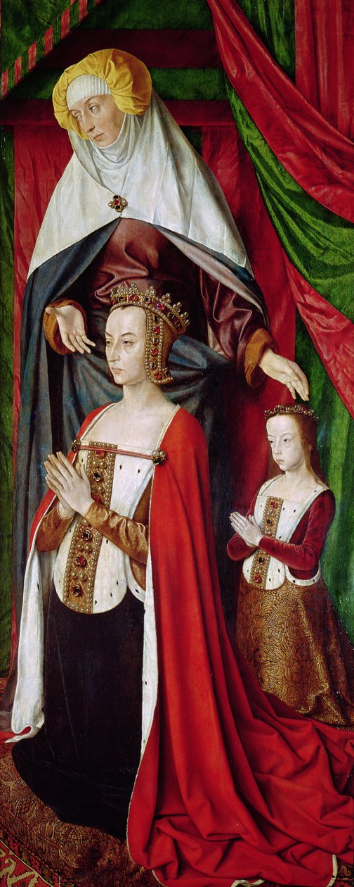 Bourbonaltertavlen, højre panel forestillende St. Anne, der præsenterer Anne af Frankrig (1476-1514) og hendes datter, Suzanne af Bourbon (1491-1521) ca. 1498 af Master of Moulins