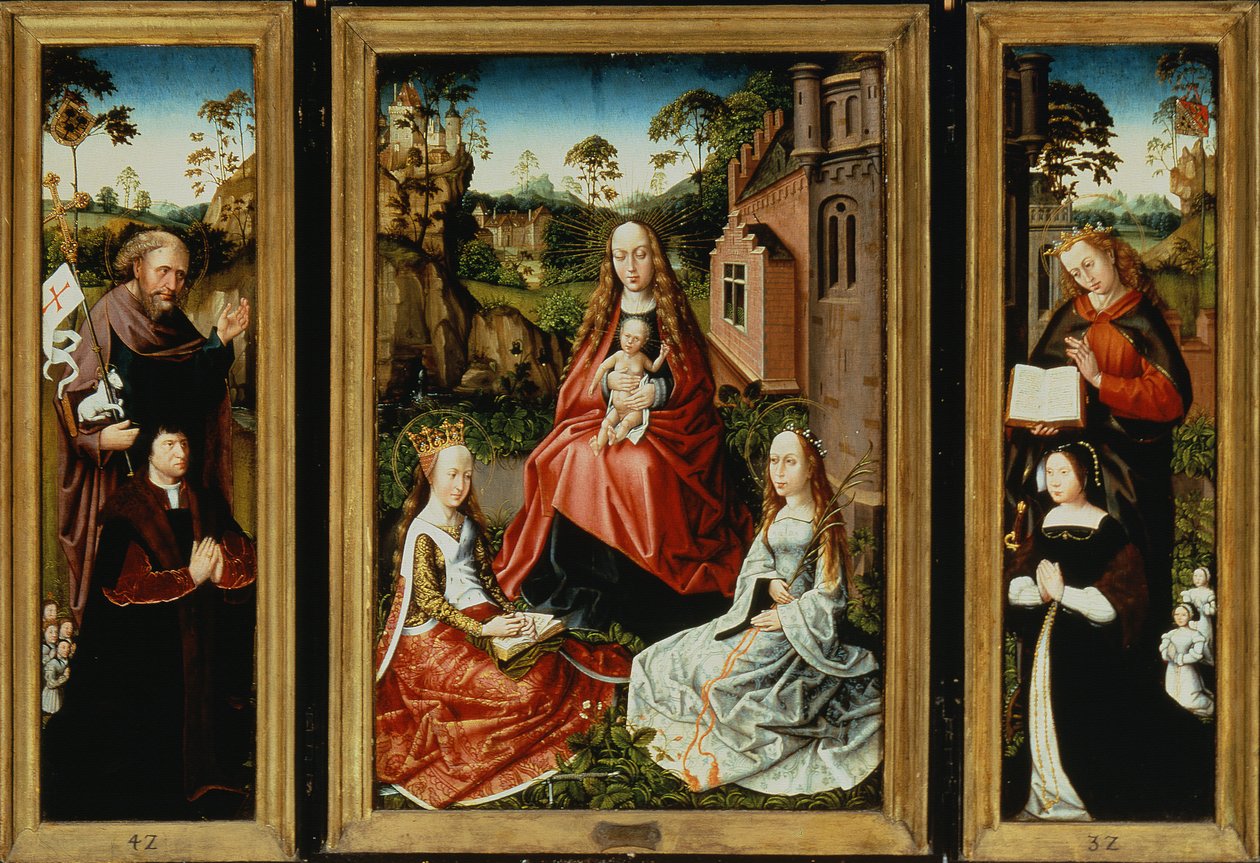Madonna og barn med hellige og donorer (olie på panel) af Master of Saint Anna