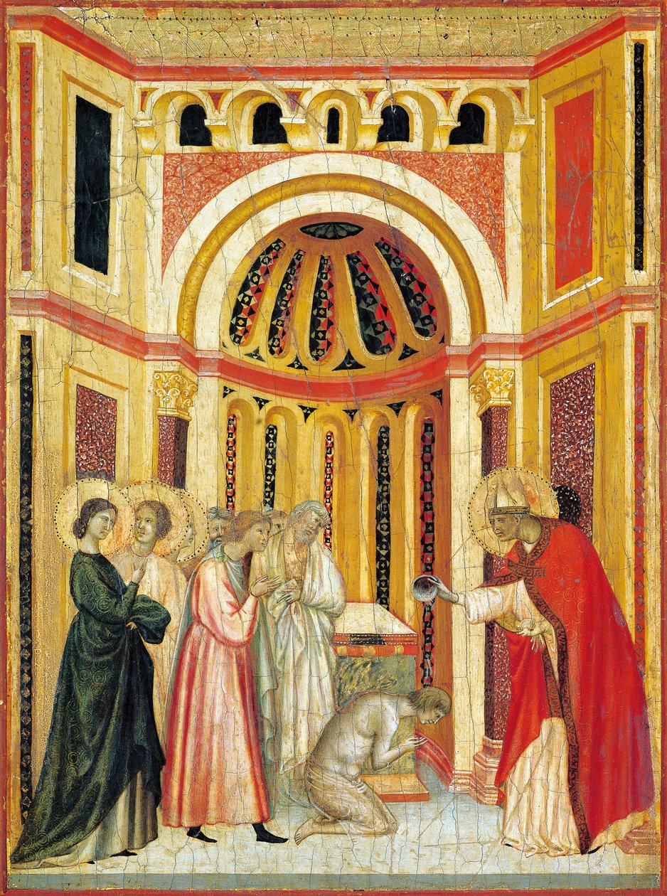 Biskop Urban døber Tiburcio, detalje fra altertavlen af Legenden om St. Cecilia, ca. 1304, af Mester af Saint Cecilia (aktiv tidligt i det 14. århundrede), tempera på panel og bladguld stemplet, 85x181 cm af Master of Saint Cecilia