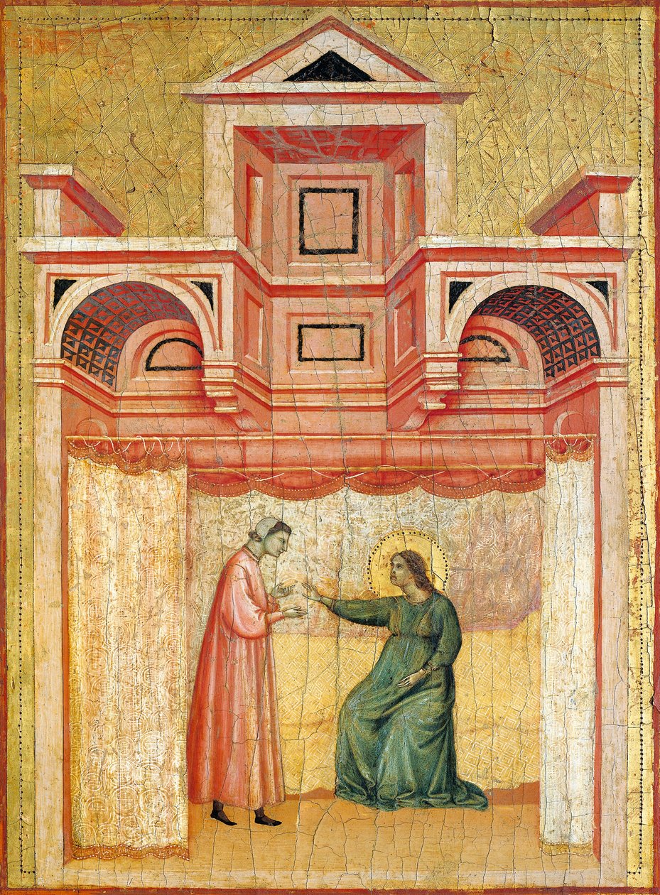 Cecilia overtaler sin mand Baldrian til dåb, detalje fra altertavlen forestillende legenden om helgen Cecilia, ca. 1304, af Mester af Saint Cecilia (aktiv tidligt i det 14. århundrede), tempera på panel og bladguld stemplet, 85x181 cm af Master of Saint Cecilia