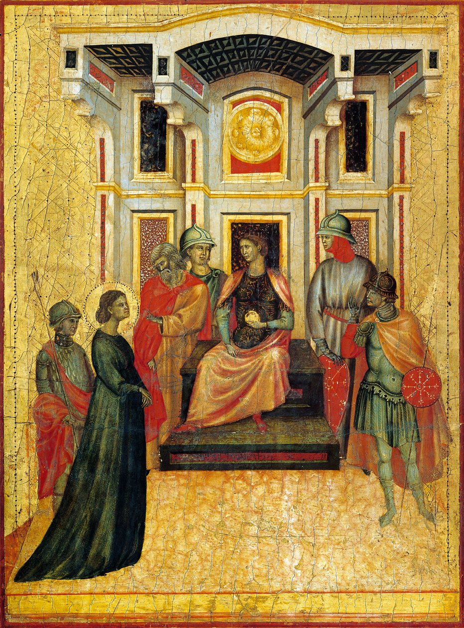 Sankt Cecilia, der kontrasterer trosspørgsmål med præfekt, detalje fra altertavle, der forestiller Legend of Saint Cecilia, omkring 1304, af Mester af Sankt Cecilia (aktiv tidligt i det 14. århundrede), tempera på panel og bladguld stemplet, 85x181 cm af Master of Saint Cecilia