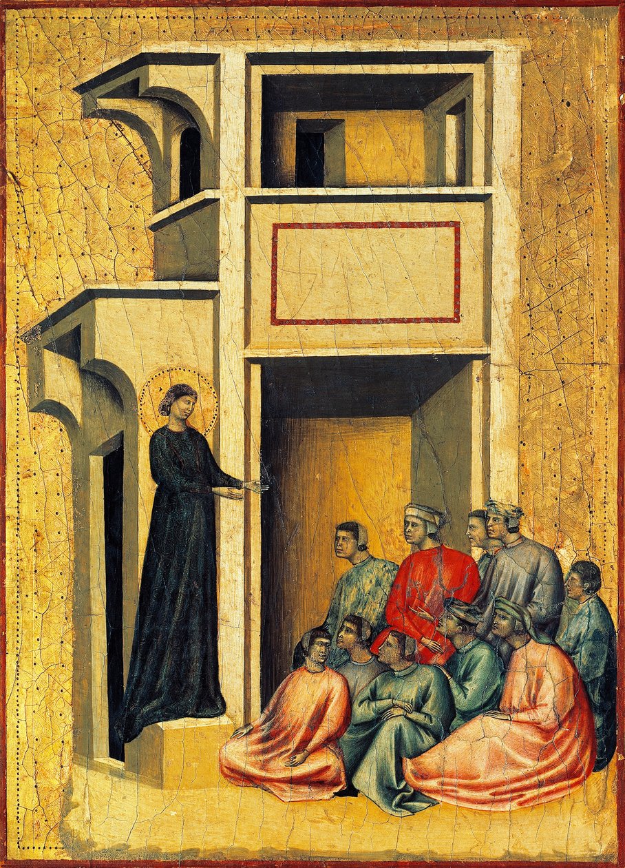 Sankt Cecilia omvendende soldater fra præfekten, detalje fra altertavle, der forestiller Legend of Saint Cecilia, omkring 1304, af Mester af Sankt Cecilia (aktiv tidligt i det 14. århundrede), tempera på panel og bladguld stemplet, 85x181 cm af Master of Saint Cecilia