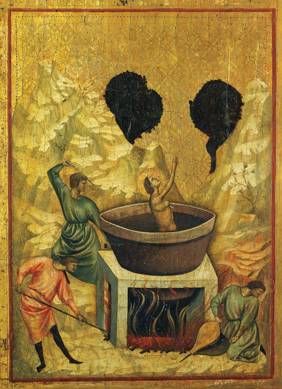 Sankt Cecilia i bad med kogende vand, detalje af altertavlen viser Historier om Sankt Cecilia, ca. 1304, Mesteren af Sankt Cecilia (aktiv tidligt i det 14. århundrede), tempera på panel og stemplet bladguld, 85x181 cm af Master of Saint Cecilia
