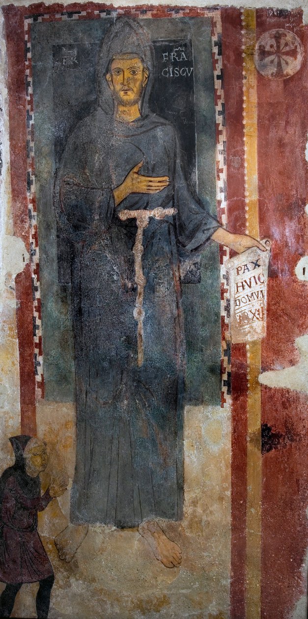 Repræsentation af Saint Francois af Assisi (1181-1226) Dette er bestemt den første repræsentation af helgenen henrettet, mens han levede, repræsenterende uden stigmatisering og uden aureole. Han holder et papir eller er skrevet på latin "" Pax huic Domui"" af Master of Saint Francis of Assisi