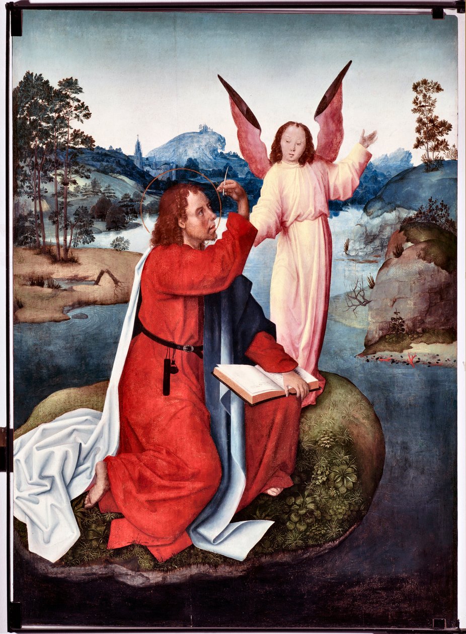 Episode af Saint John Evangelists liv: "" Saint John a Patmos"" (Life of St John evangelist, St John in Patmos) Maleri af mesteren af San Giovanni evangelista (Saint John Evangelist) (slutningen af det 15. århundrede) Dim 120x90 cm gener, Musei di Strada N af Master of Saint John Evangelist