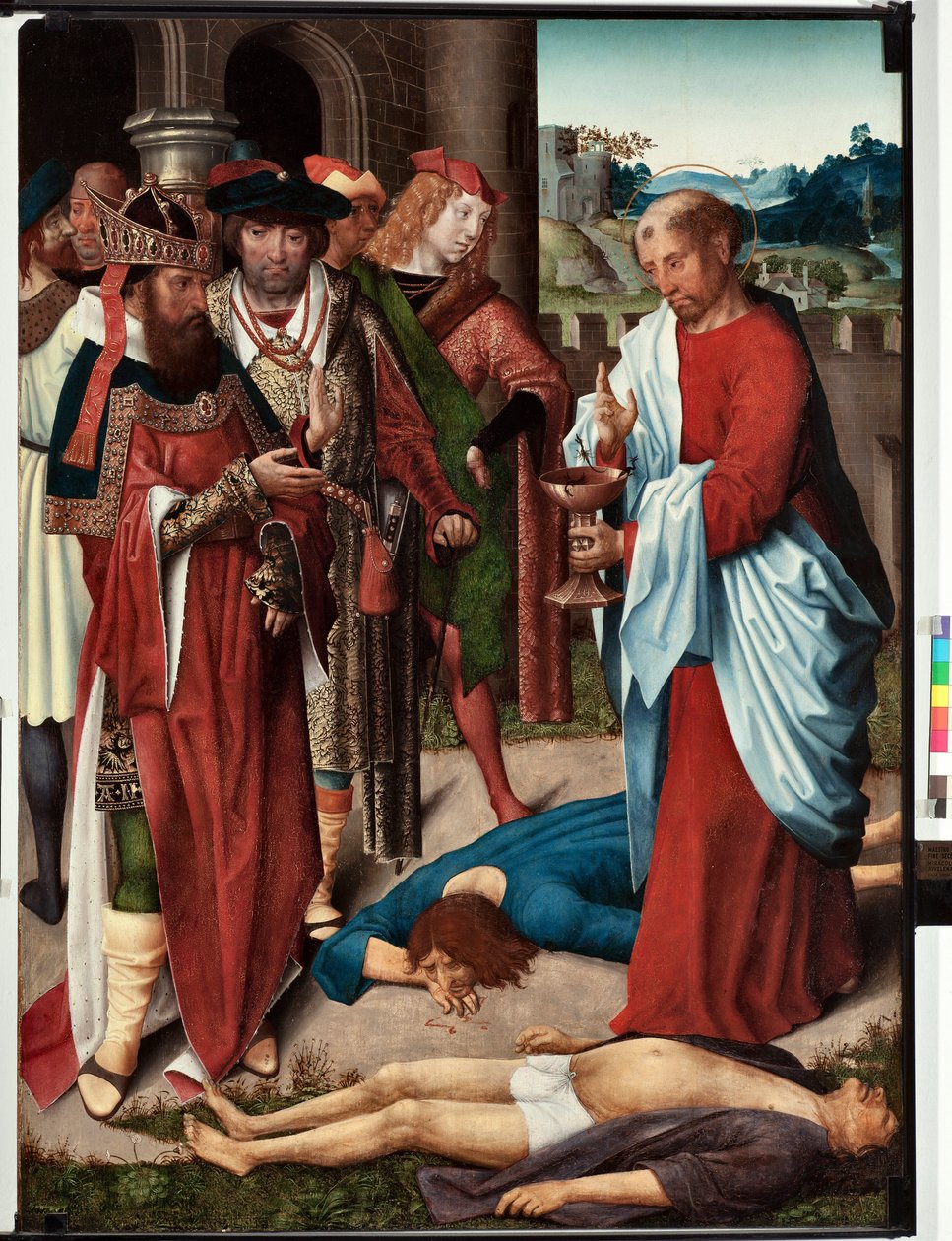 Episode af Sankt Johannes evangelists liv: "Giftbægerets mirakel" (Life of St John evangelist, Sankt Johannes drikker en kop gift) Maleri af mesteren af San Giovanni evangelista (Saint John Evangelist) (slutningen af 15. århundrede) Dim 120x90 cm Gen af Master of Saint John Evangelist
