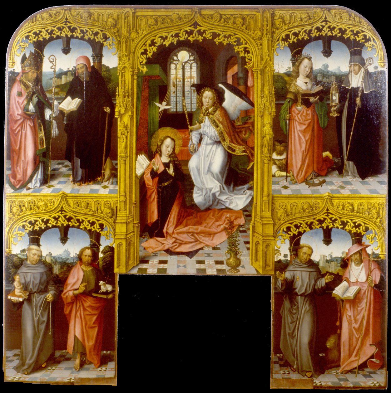 Bebudelsen med Saint Lazarus og Antony Abbot, Catherine af Alexandria og Chiara, Anthony af Padua og Johannes Døberen, Francis og Jerome af Master of Saint John the Evanglist