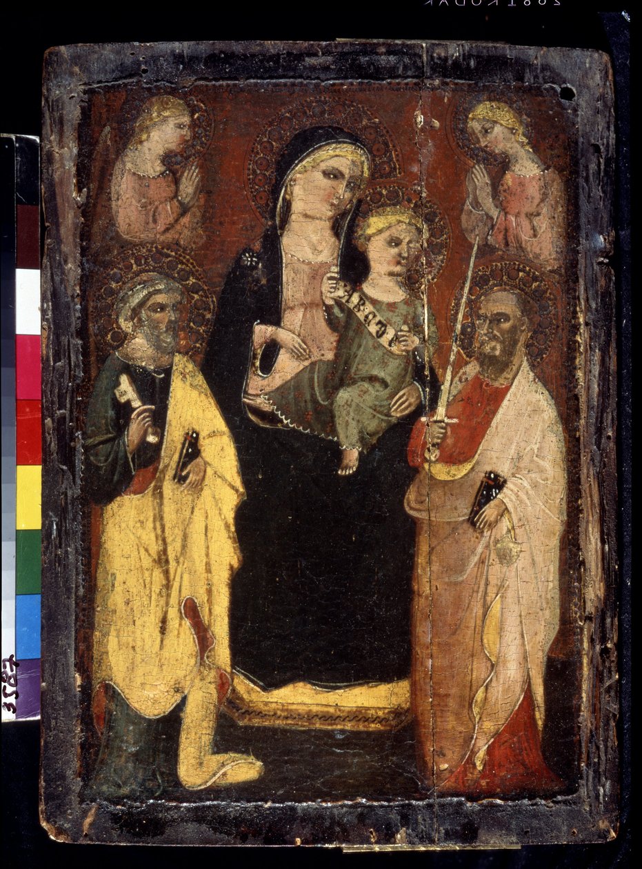 "Madonna og barn på tronen med de hellige Peter og Paul" (Madonna og barnet på tronen med de hellige Peter og Paulus) Maleri på træ af mesteren af ​​San Jacopo i Muciano (1400-tallet) Pushkin Museum, Moskva af Master of San Jacopo a Mucciana