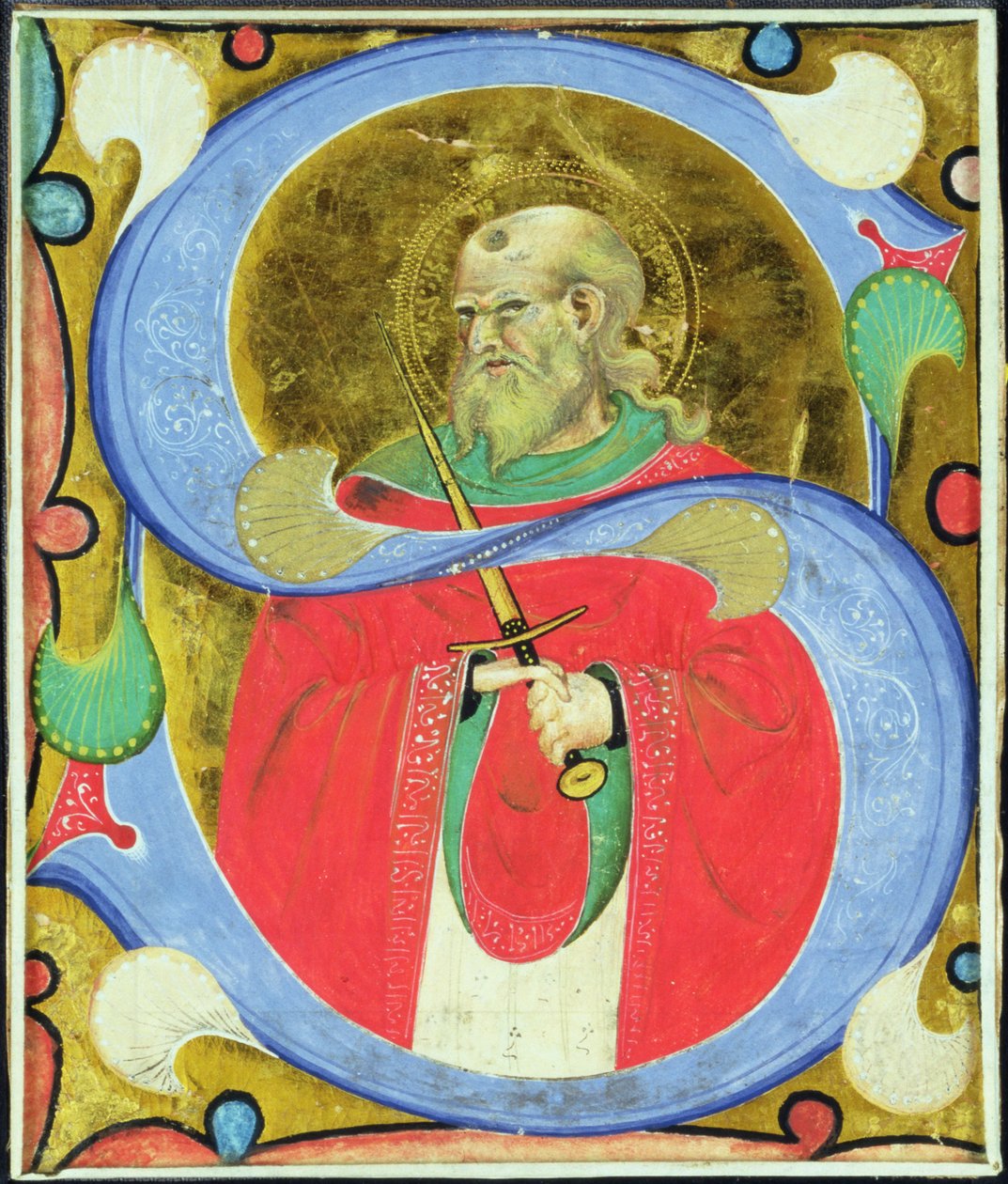 Historieret bogstav "S", der forestiller Sankt Julian af Master of San Michele of Murano