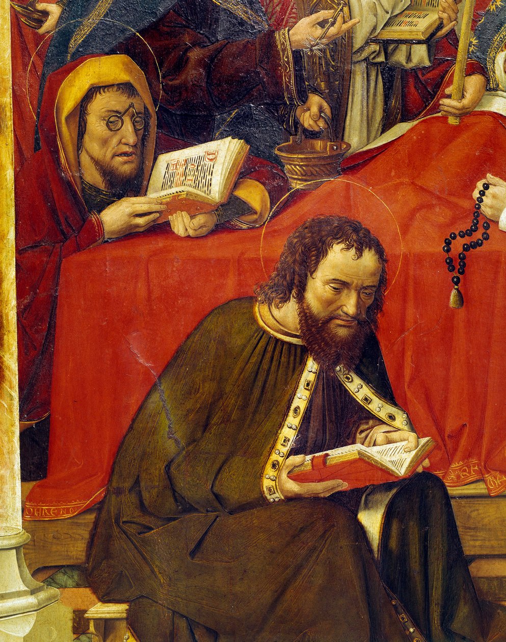 The Death of the Virgin Detalje, der skildrer to helgener, der læser bønner. En af dem bærer briller, en anden, uden for marken, holder en rosenkrans i hånden. Maleri af Mesteren af Santa Maria del Campo (1400-tallet), Lyon, Fine Arts Museum af Master of Santa Maria del Campo