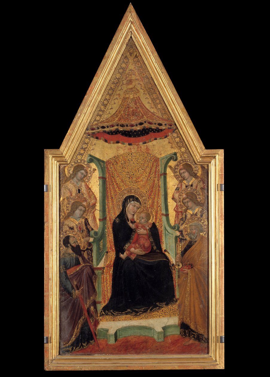 Jomfruen i majestæt mellem Saint Paul, Saint Peter og fire engle altertavle af mesteren af Santa Maria (14. århundrede). Dimension 0,28 x 0,58 m. Avignon, Musee du Petro Palais af Master of Santa Maria di Castello