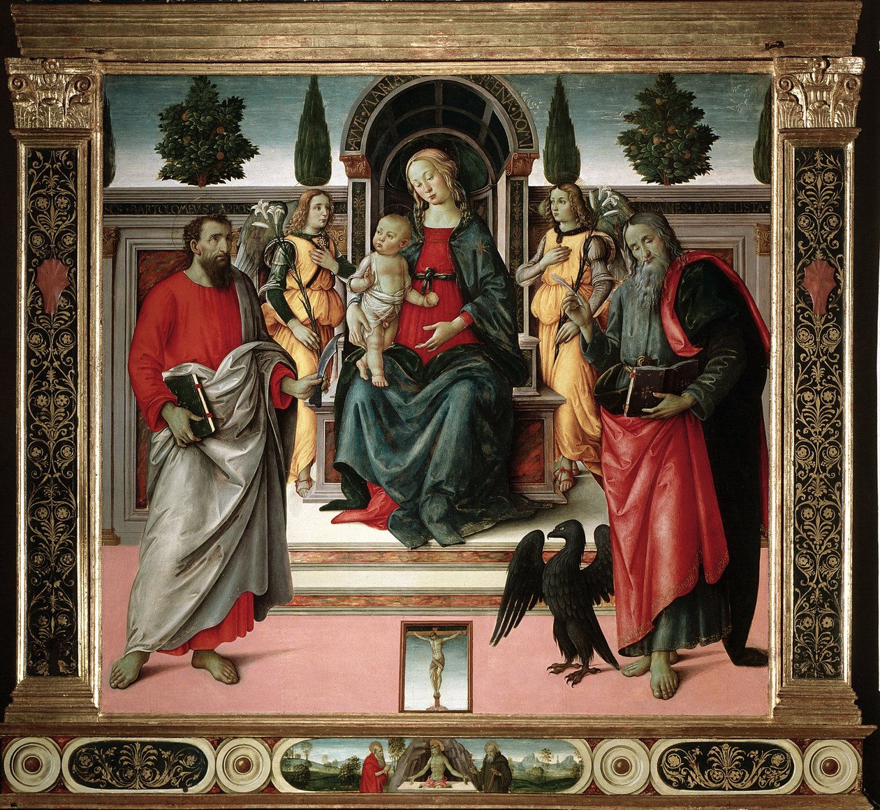Jomfru med barn med Johannes og Skt. Bartholomew Maleri af mesteren af Santo Spirito (1400-tallet) Firenze, Santo Spiritos kirke, Italien af Master of Santo Spirito