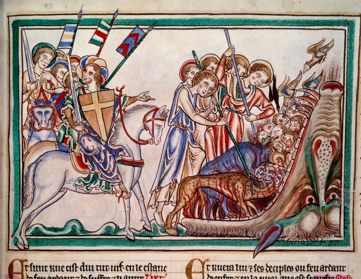 Herren og hans Armee (ost) udfælder Bete og hans tilbedere i helvede. Minatur fra manuskriptet “” Apocalypse historiee””, Folio 38. 1250. Illumination of the Master of Sarum. Paris, NL af Master of Sarum