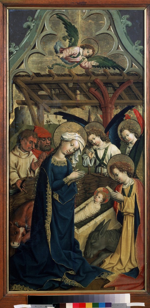 "" La Nativitis "" (Nativity) træmaleri af mesteren af ​​Chateau de Lichtenstein (15. århundrede) omkring Musee Pouchkine, Moskva af Master of Schloss Lichtenstein
